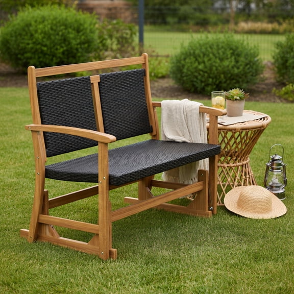 Yardi Yard Patio Rattan Glider Bench for 2 Person, Bench with Acacia Wood Frame and Wicker Seat Back for Outdoor as Yard, Black