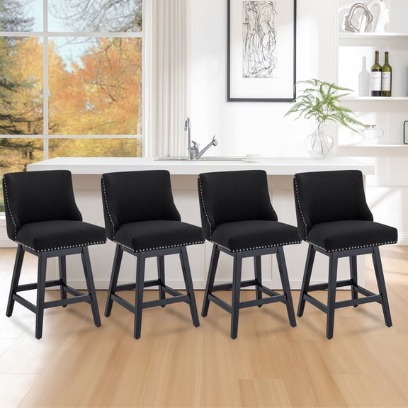 TUNESET Bar Stools Set of 4, 26 Inch Upholstered Barstools with 13.8" High Back and Footrest, Swivel Counter Height Barstools for Kitchen Island Home Bar Performance Fabric Black