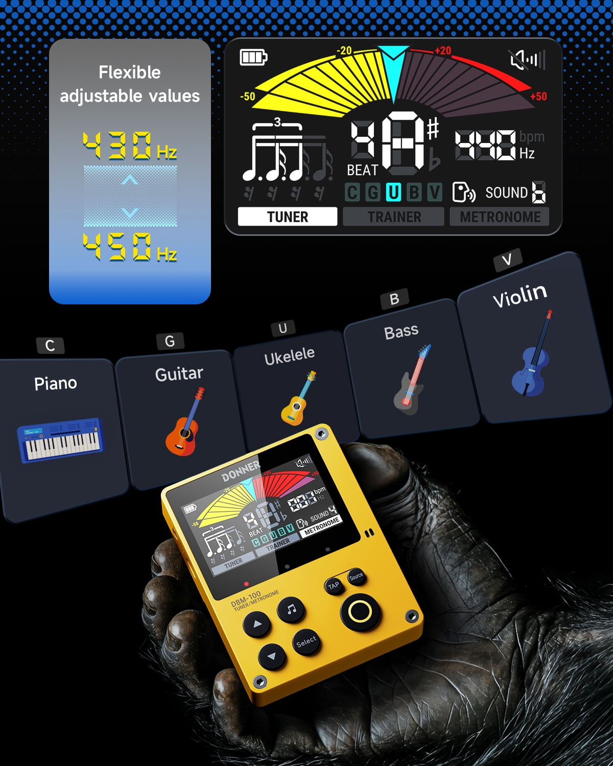 Donner Digital Metronome Tuner 3-in-1 For Guitar, Violin, Ukulele, Piano, Flute & All Instruments, Yellow