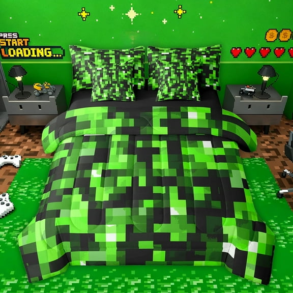 Manfei Pixel Grid Miners 7-Piece Twin Bedding Sets,Geometric Check Bedding Comforter Set,Green Patchwork Pixel Buffalo Sheet Sets For Girls Boys,Breathable Home Decor Reversible