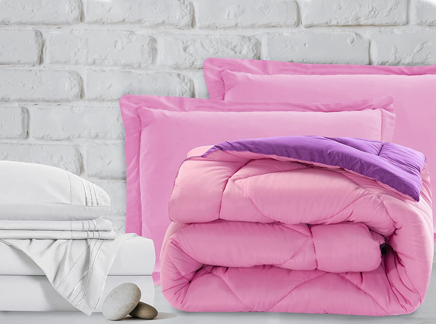Elegant Comfort 7-Piece Bed-in-a-Bag Comforter and Sheet Set- 1500 Series 7-Piece Split King Size Bed-in-a-Bag, Cozy Bed Sheets and Comforter Set, Wrinkle and Stain Resistant, Pink/Purple