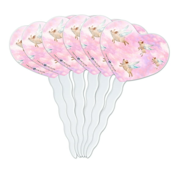 If Pigs Could Fly Pink Clouds Wings Heart Love Cupcake Picks Toppers Decoration Set of 6