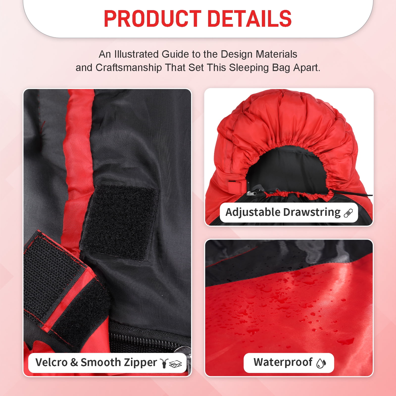 Ktaxon Heated Sleeping Bag,  Rectangular Lightweight Sleeping Bag with USB Powered Heating Pads for 14-50 °F, Compact Envelope Sleeping Bag for Camping Picnic Hiking, Red