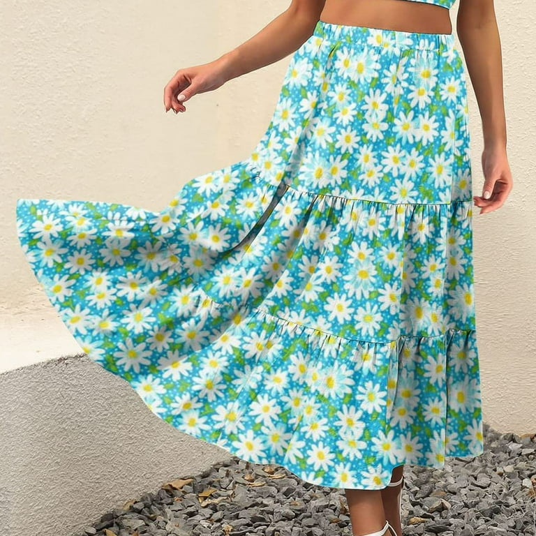 Wenini Womens Skirts Floral Print Maxi Summer Skirt Pocket High
