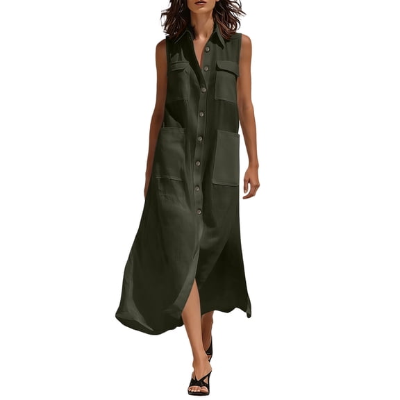 Summer Womens Dress with Patch Pockets Sleeveless Button-Down Casual Shirt Dress