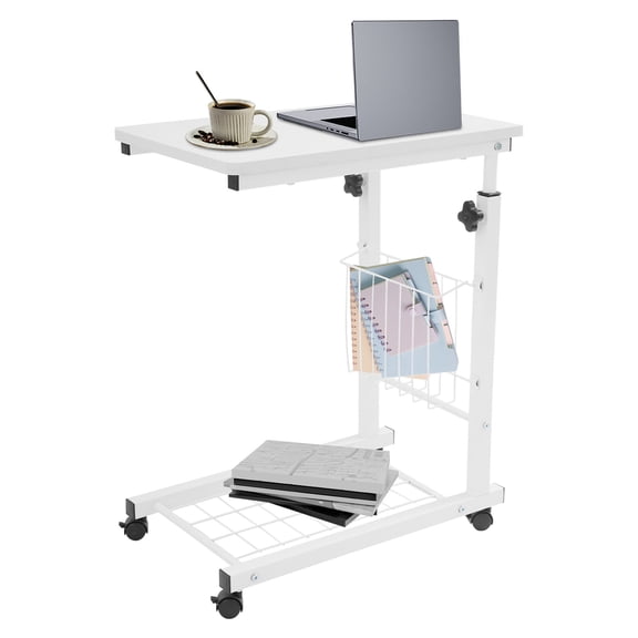 C Shaped Sofa Side Table with Wheels Adjustable Overbed Bedside Table w/ Storage Basket Rolling Mobile Standalone Desk for Living Room Bedroom (White)