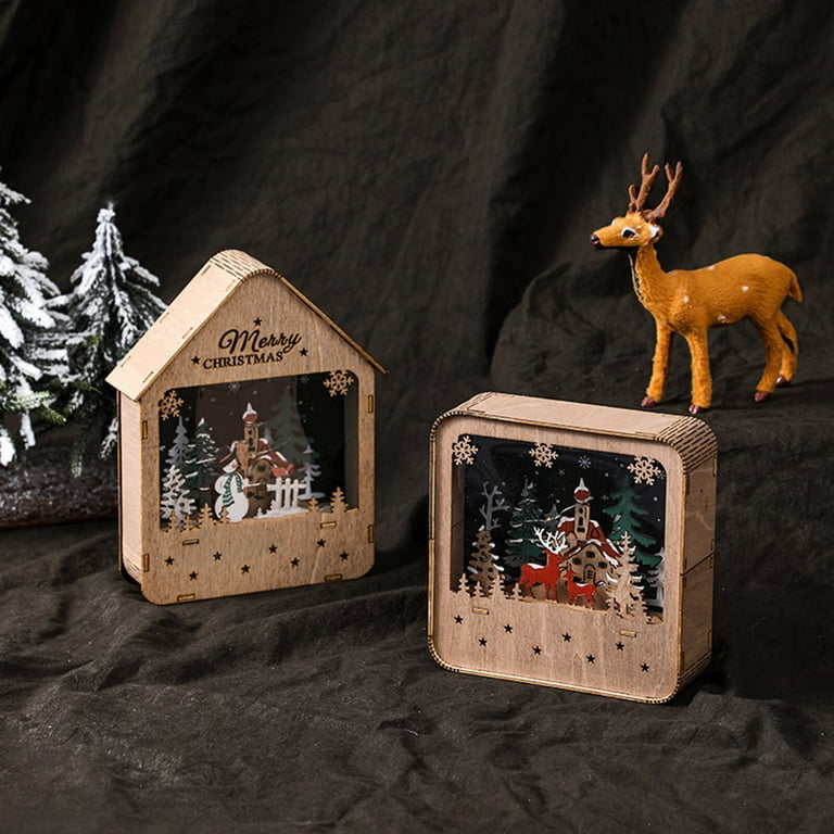 Christmas Deer Wood Decorations Office Desktop Deer Male and Female with White Hair Light Doodads Christmas Light Chalet Painted Wooden House, Size