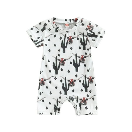 

Genuiskids Baby Boy Girl Western Clothes Cow Print Short Sleeve Romper Jumpsuit Ribbed Bodysuit One Piece Country Outfit 0-18M