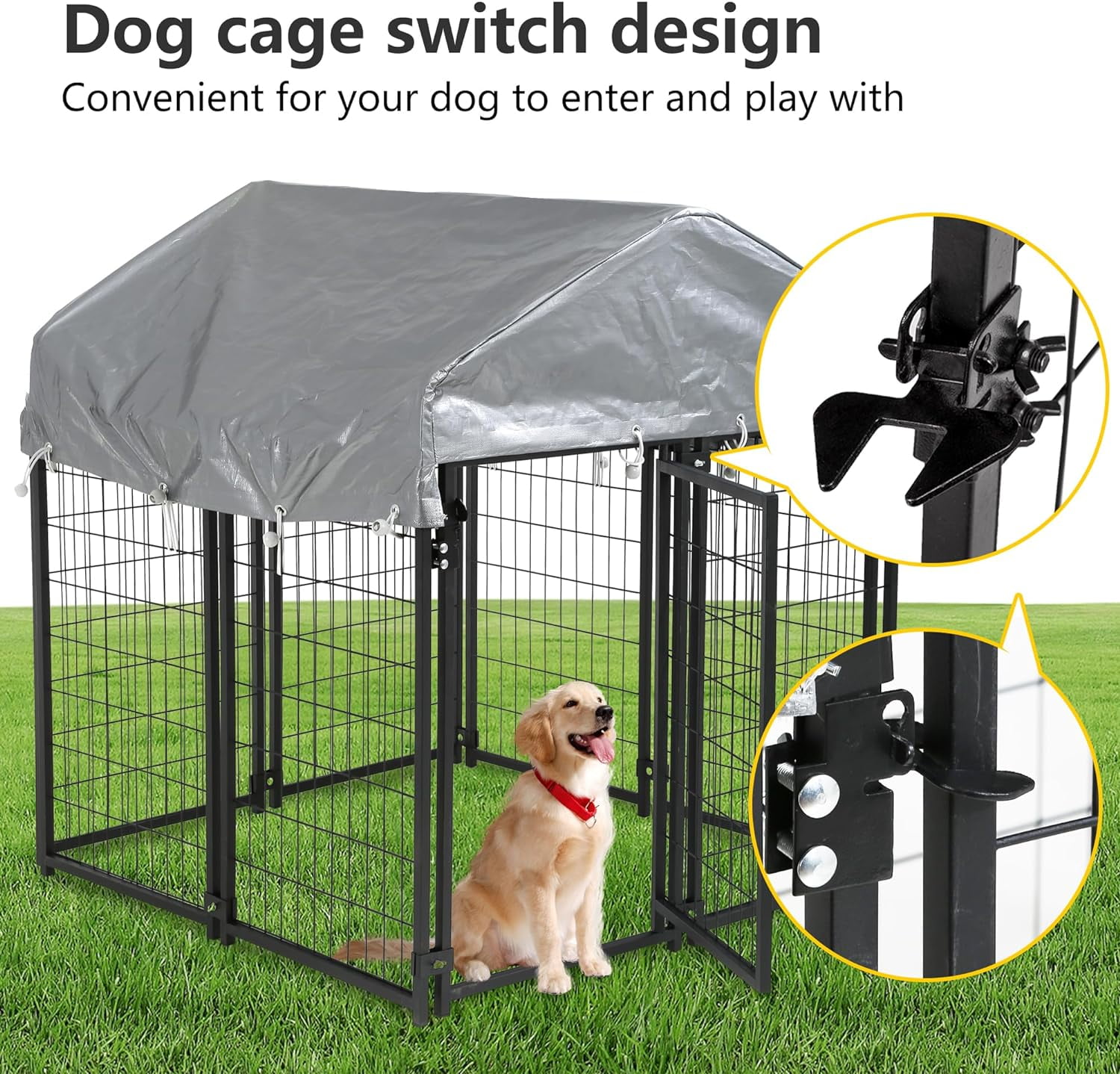 CL.HPAHKL Outdoor Dog Kennel 4×4×4.4 FT Heavy Duty Playpen Dog Crate Cage with UV-Resistant Waterproof Roof Cover, Dog Run Enclosure with Secure Lock Pet Kennel Fence