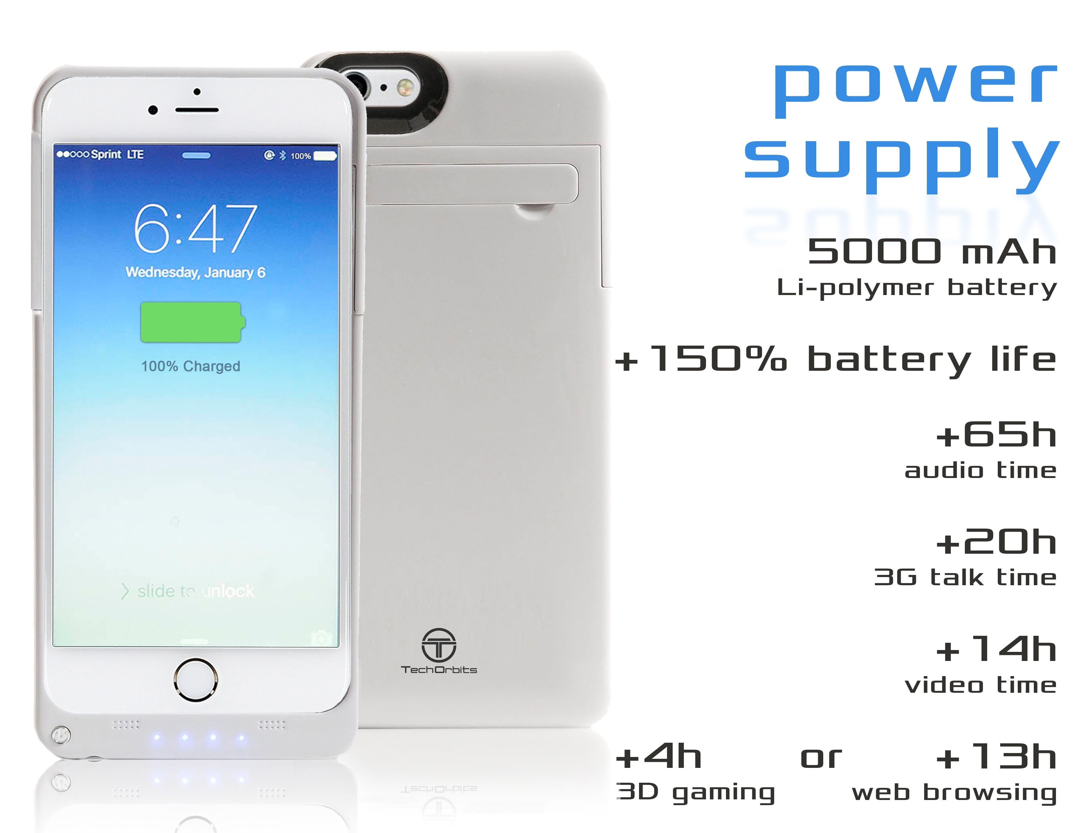 Iphone 6 6s Plus Battery Case Techorbits Premium Extended Battery Case For Iphone 6 6s Plus 5 5 Inch With 4800 Mah Capacity Lightning Cable Input Walmart Com