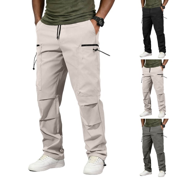 Men's Hiking Cargo Pants, Casual Trousers Joggers, Elastic Waist Drawstring Straight Leg, Quick Dry Lightweight Breathable, Multi-Pocket Workwear Outdoor, Summer | AKLJWH,Black L