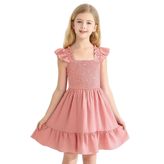 Girls Dresses Ruffle Sleeve Dress Flutter Hem A-Line Swing Pleated Tiered Casual Solid Color Party Dress Pink 8-9Years