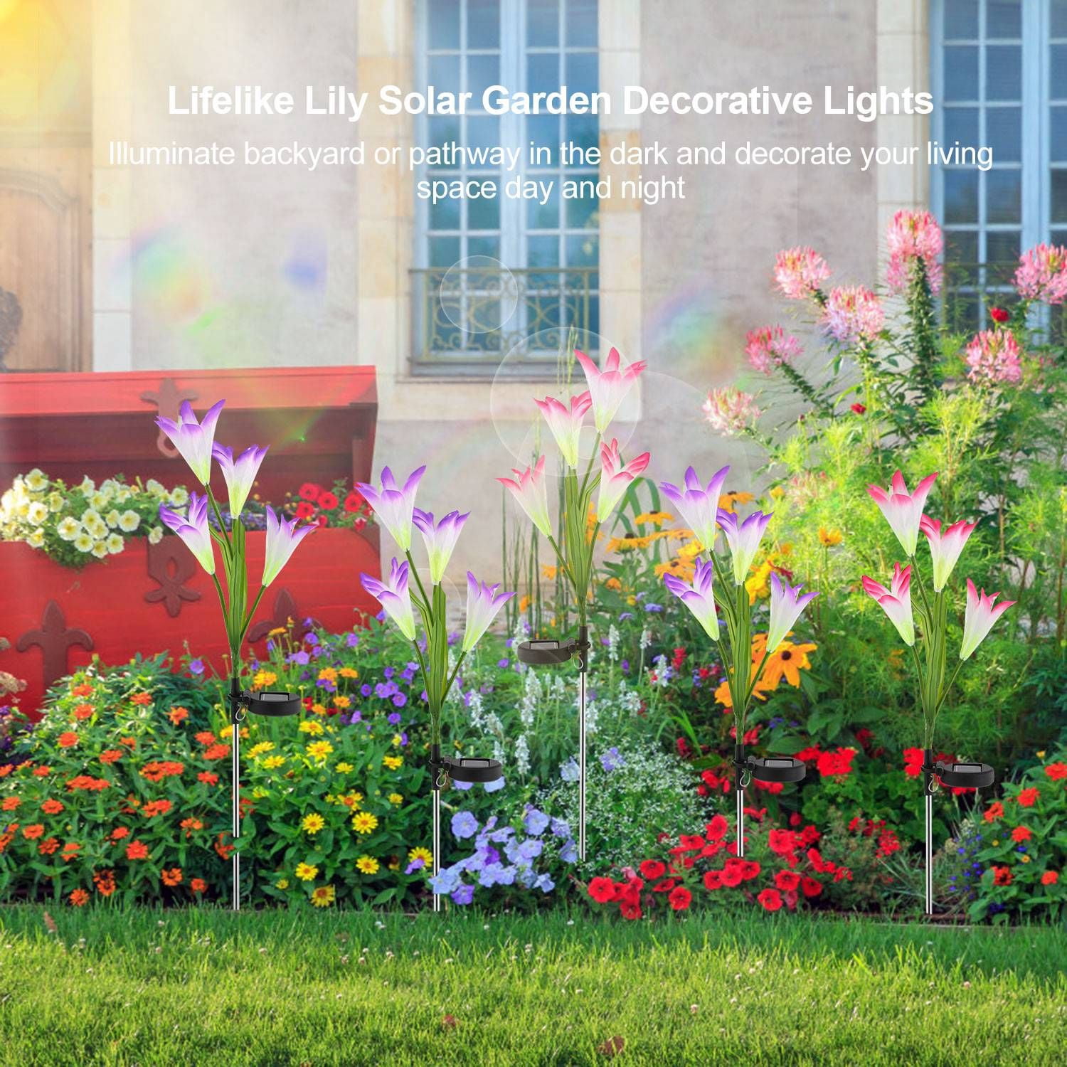 2-Pack Solar Lily Flower Garden Lights with 7-Color Changing LEDs, IP65 Waterproof, Adjustable Stems, Auto On/Off for Pathway Garden Yard Decor
