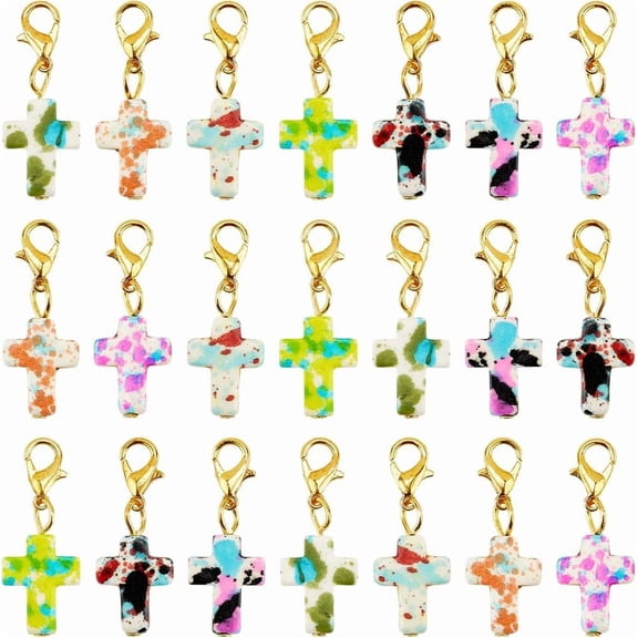 1 Box 35Pcs Cross Lobster Clasps Crochet Stitch Marker Charms Random Mixed Color Pattern Turquoise Easter Crucifix Shaped Pendants for Weaving Quilting Jewelry DIY Crafts Supplies