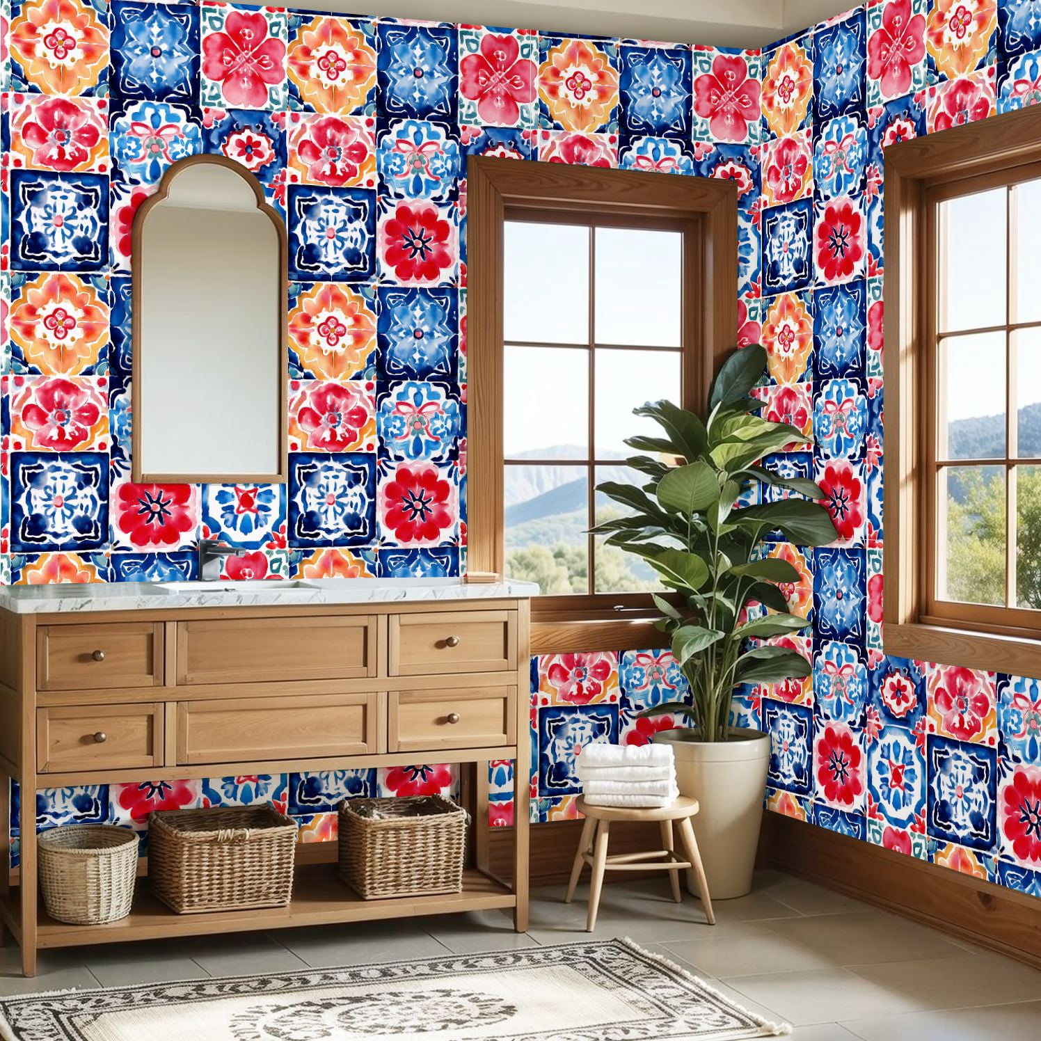 Peel and Stick Wallpaper Colorful Floral Tile Red Blue Yellow Watercolor Style Wall Mural 23.6in x 9.8ft Self Adhesive Removable Wall Paper Renter Friendly Wallpaper for Bedroom