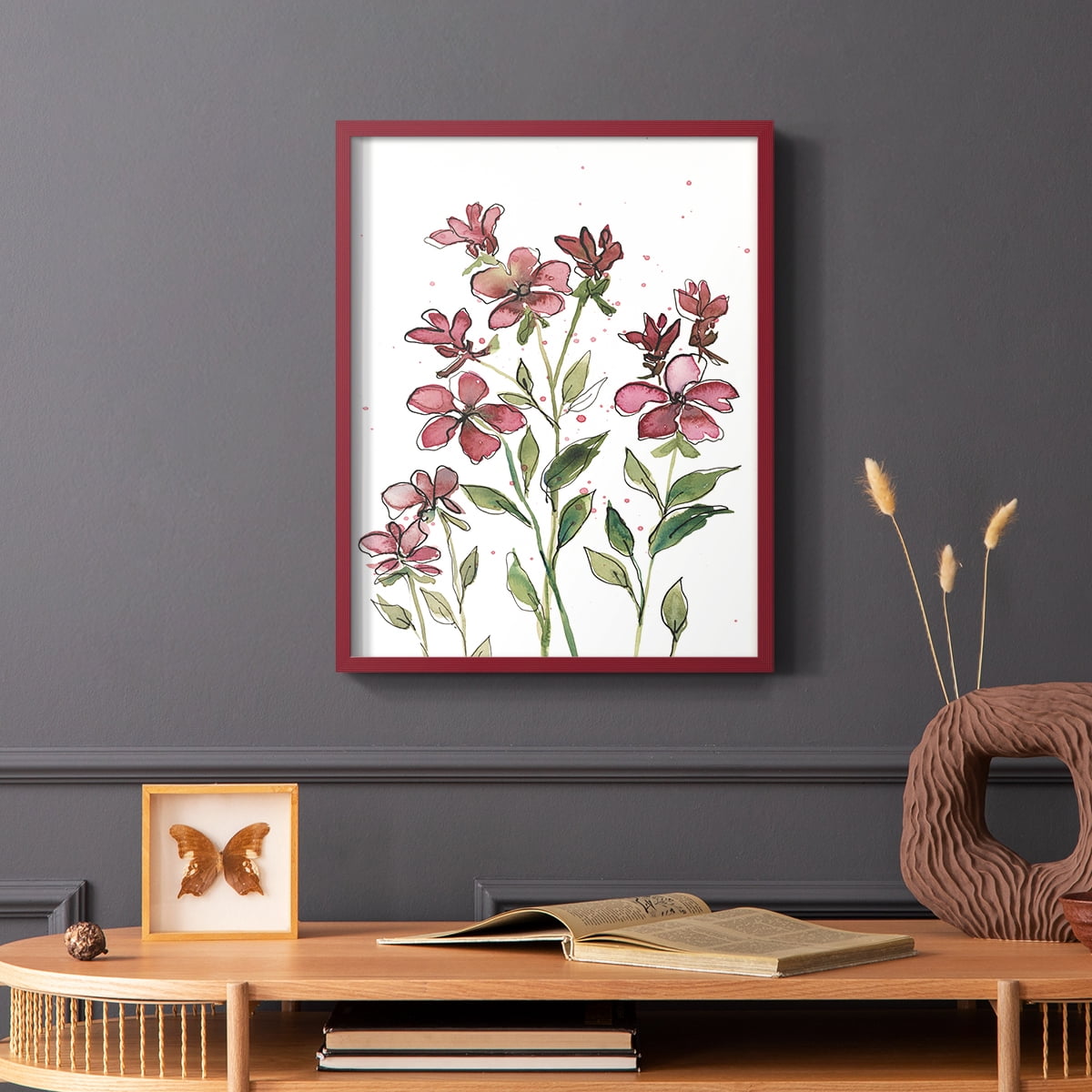 Watercolor Floral Stems II Framed Print in Red Solid Wood 8 x 10 Framed Print