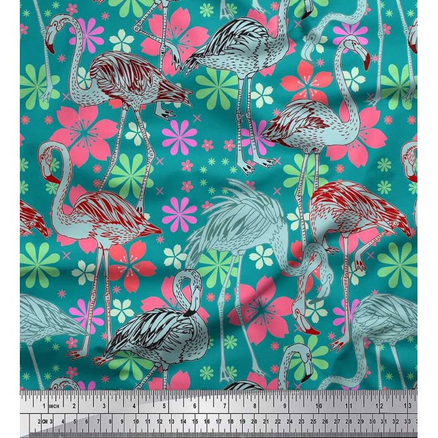 Soimoi Poly Georgette Fabric Floral & Flamingo Bird Print Sewing Fabric Yard 42 Inch Wide