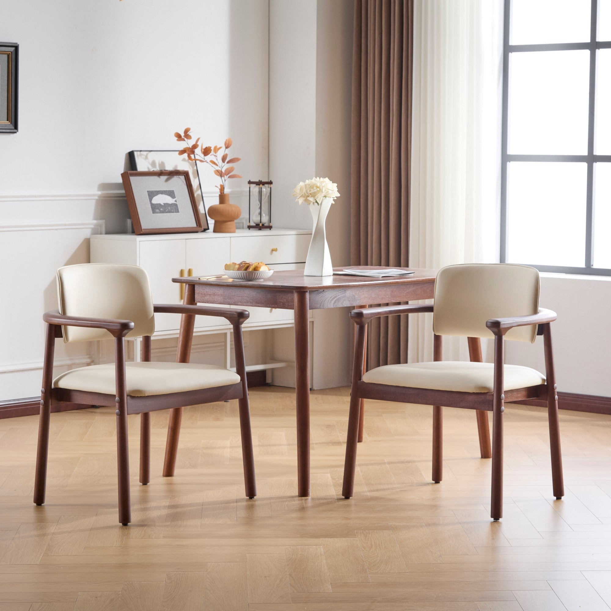 Sailvan Set of 2 Wood Dining Chairs,Mid-Century Modern Kitchen Chairs with Beige PU Leather Cushions & Dark Walnut Frame,300lb Capacity,Beige