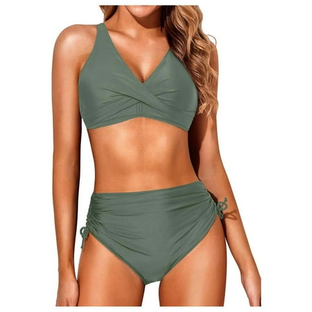 Swimsuits High Waist Bikini Front Swimsuit With Ruched Bandeau Top And Gathered Bottoms Flattering Bikini Set Green Womens Swimsuits