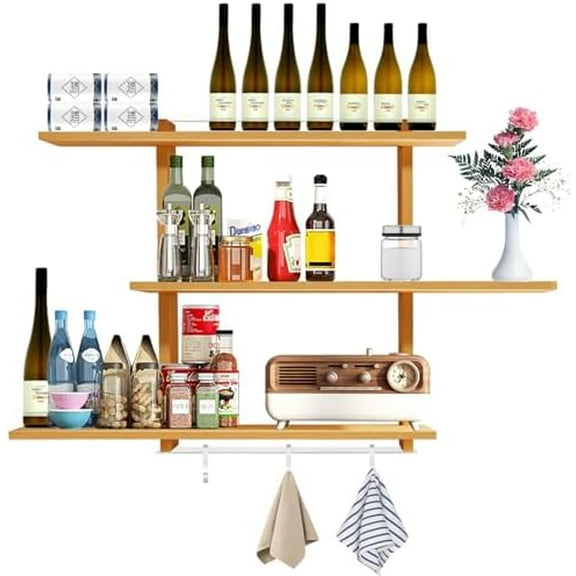 Variable Wood Floating Shelves Set of 3 - Solid Oak Wall-Mounted Shelves for Bathroom, Living Room & Farmhouse Decor ，Easy Install Rustic Wood Floating Shelves