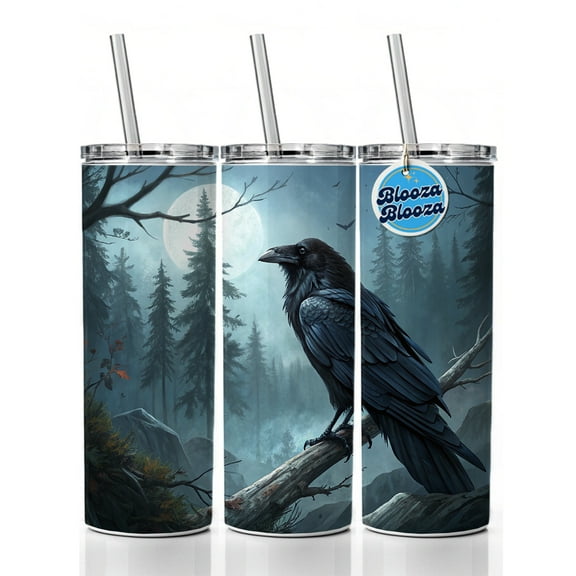 Black Raven at Night Under a Full Moon 20oz Insulated Water Bottle Skinny Tumbler Includes Straw