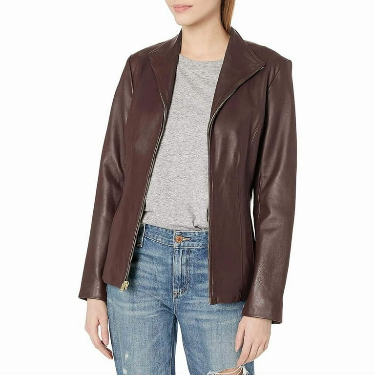 Cole Haan Women's Genuine Leather Jacket with Wing Collar (Hickory