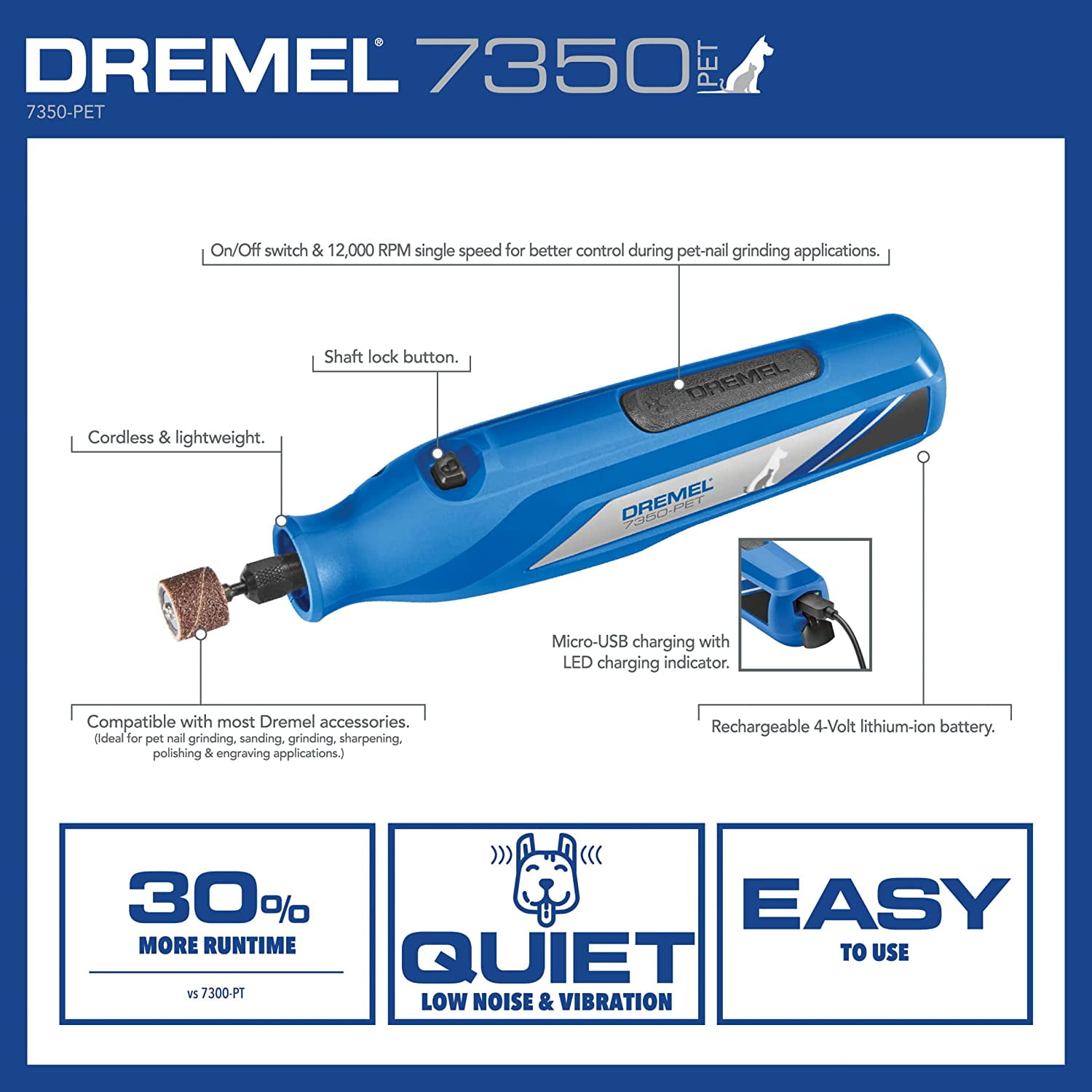Dremel 7350-PETD 4V-Cordless Single Speed Rotary Professional Pet Nail Trimming Kit, with 7 Pieces