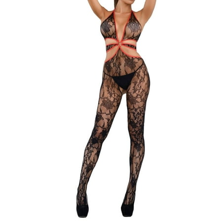 Lace Sexy Crotchless Bodystocking - Killer Legs Fishnet Plus Size Halter Bra Red Satin Trim Lace Open Crotch Crotchless Body Stocking 818JT158Q Queen