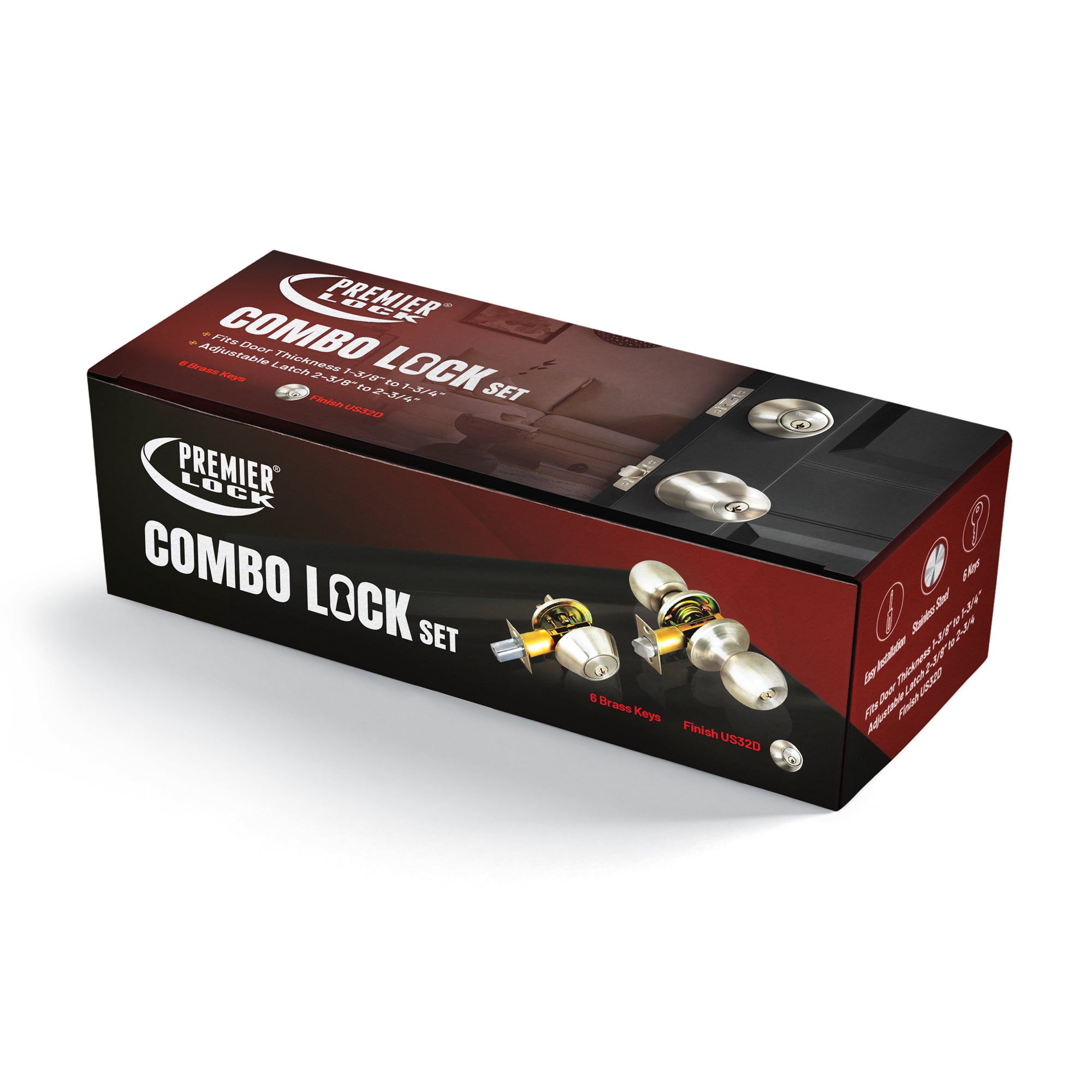 Premier Lock® Stainless Steel Entry Lock Set Door Knob & Deadbolt Keyed Alike KW1 Keyway. 6 Total Keys, Keyed Alike