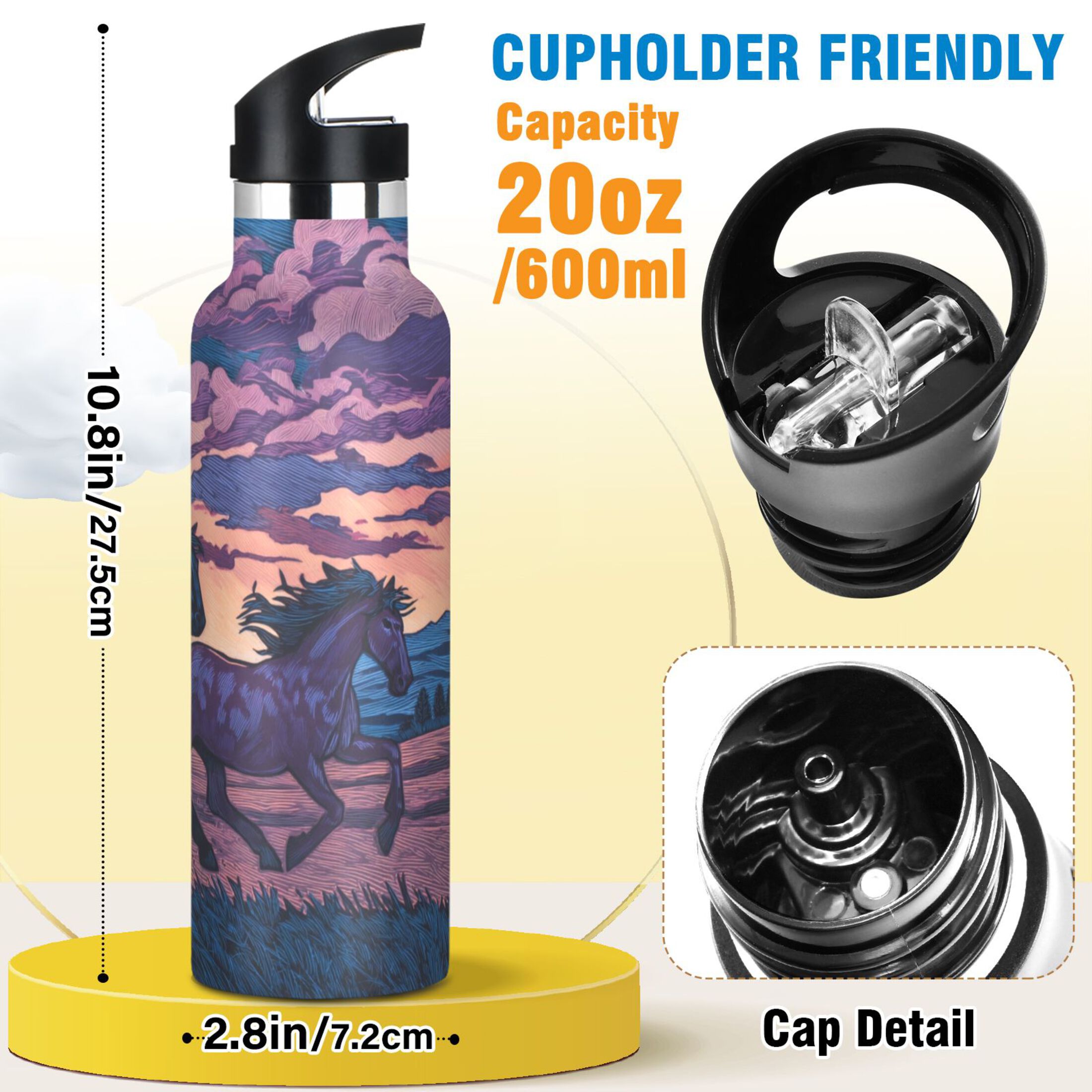 Kids Insulated Stainless Steel Sports Water Bottle 600ml (20oz) Wild Horses Running