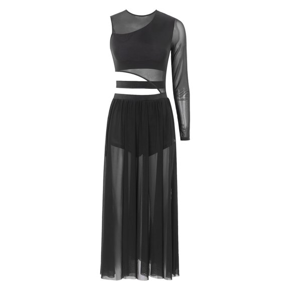 inhzoy Women Lyrcial Dance Costumes Cutout Contemporary Dance Maxi Dress Ballet Dance Tulle Leotard Dress Black XL