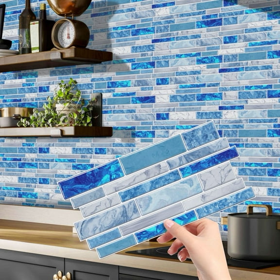 12Pcs Blue and Gray Marbling Tiles Stickers Wall Decals 4.72 x 9.68inch Waterproof Peel and Stick Kitchen Backsplash DIY Decor Tile