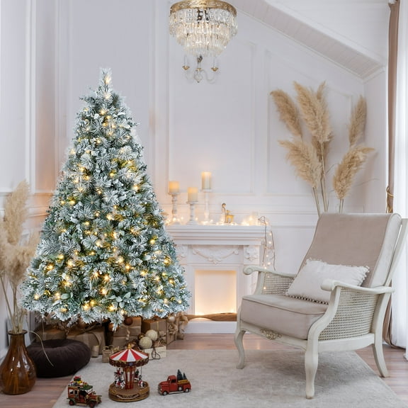 Christmas Tree 4FT Prelit Flocked Christmas Tree with Pine Needles & Eucalyptus Leaves, 150 Warm White LED Lights, 404 Tips, Hinged Branches, Metal Stand – Snowy Artificial Tree for Holiday Decor,Flo