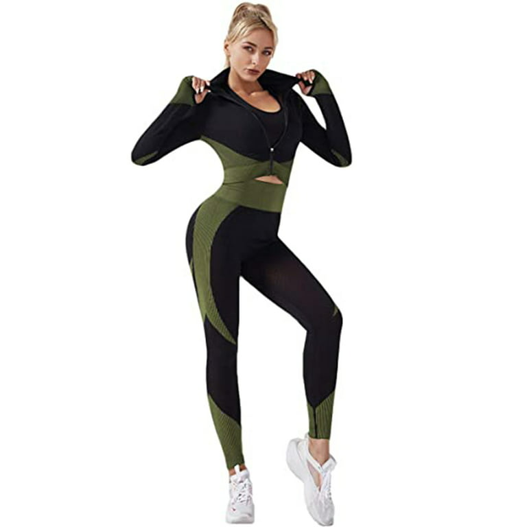 Women's Workout Outfit 3 Pieces Tracksuit-Seamless Hip lift Yoga Leggings  and Stretch Sports Bra Gym Clothes Set