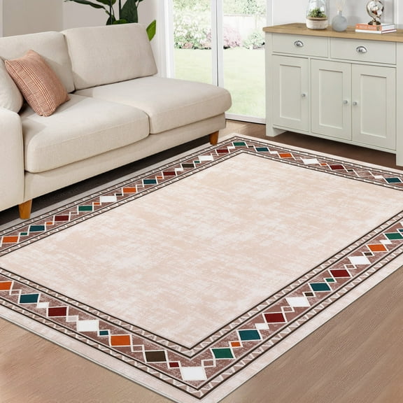 Geetinfly 9*12FT Area Rugs 9*12 Large Rugs for Living Room Modern Bordered Rug Geometric Border Rug Washable Rug Non-Slip Stain Resistant Rug for Home Decor Beige Beige