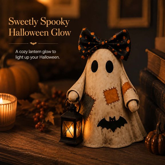Lighted Vintage Patchwork Ghost, Halloween Decor with Hand lamp, Rustic Farmhouse Halloween Figurine, Halloween LED Decoration for Mantel Shelf Entryway Porch, C