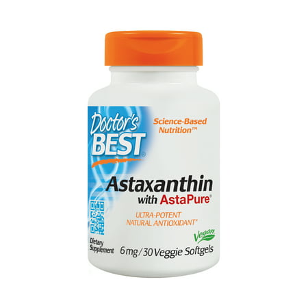 Doctor's Best Astaxanthin, Non-GMO, Vegan, Gluten Free, Soy Free, Powerful Antioxidant, 6 mg, 30 Veggie