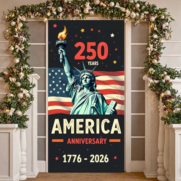 Red White Blue America 250th Banner Star Pattern Patriotic Celebration Backdrop Vintage Typography Lettering USA National Anniversary Background for 4th of July Parties National Celebrations