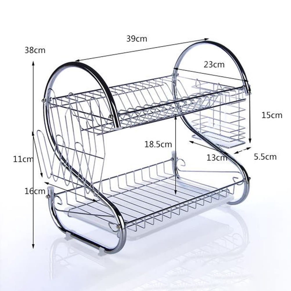 WHAMVOX 2-Tier Dish Cup Drying Rack Kitchen Tool Drainer Stainless Steel Dryer Tray Dish Holder Organizer for Home Restaurant (Silver)