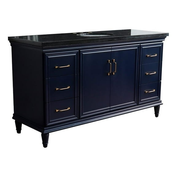 61 in. Single Wooden Vanity Blue Black Galaxy Granite Oval Sink
