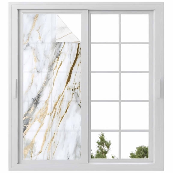 Marble White Gold Window Privacy Film, Modern Abstract Geometric Static Cling UV Sun Blocking Heat Control Window Tint Day and Night, Non-Adhesive Reusable One Way Windows Privacy Cover 23.6''x59''