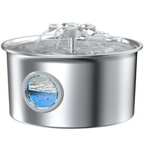 Stainless Steel Cat Water Fountain: 88oz/2.6L Ultra Quiet Pet Fountain with Flower Kitty Spout & LED Blue Light Water Dispenser with Water Level Window for Cats/Dogs Indoor (Silver) - IHOUONE