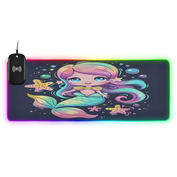 Wireless Charging Mouse Pad Large RGB Gaming Desk Mat 13 Light Modes Mousepad 31.5x11.8 Cartoon Cute Mermaid
