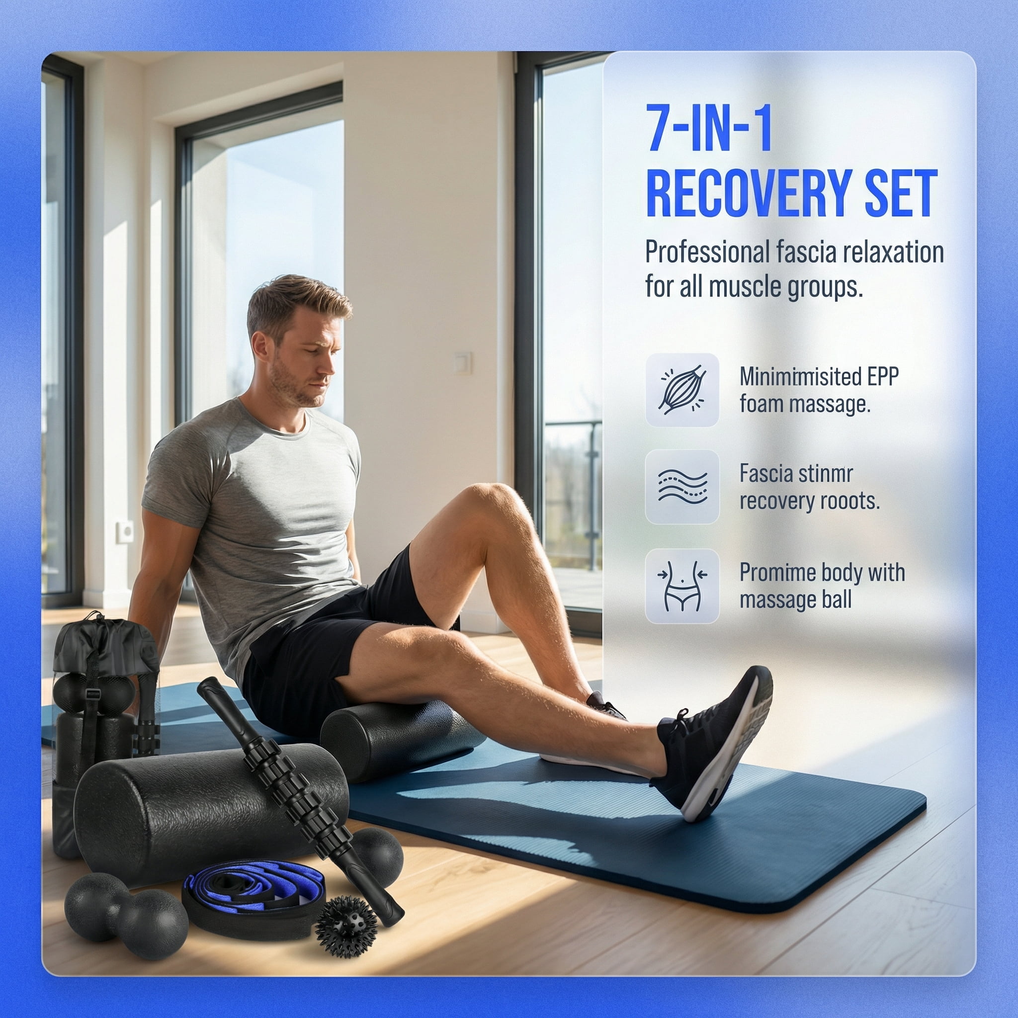 7-in-1 Black Foam Roller Set, for Muscle Recovery - Foam Roller, Massage Stick, 3 Muscle Massage Ball, Stretching Strap & Storage bag, Deep Tissue Trigger Point Therapy Kit for Back Pain, Sore Muscle