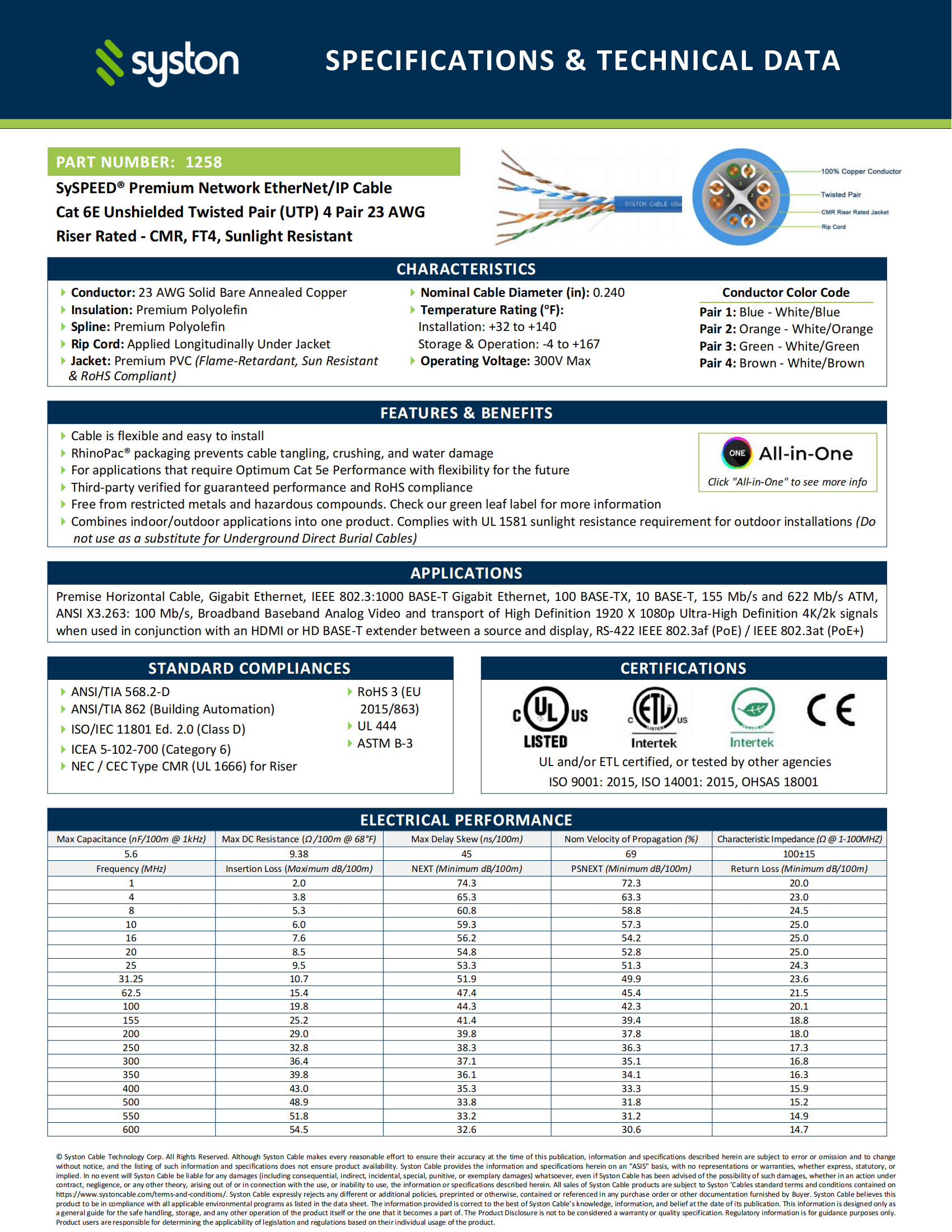SYSTON CABLE TECHNOLOGY Cat 6E Ethernet Network Cable - 500 FT, 600MHz 23AWG Solid Bare Copper Wire Outdoor/Indoor, Bulk No Ends 10 Ft to 1000 Ft Available, Heat Resistant Riser Rated - CMR Black