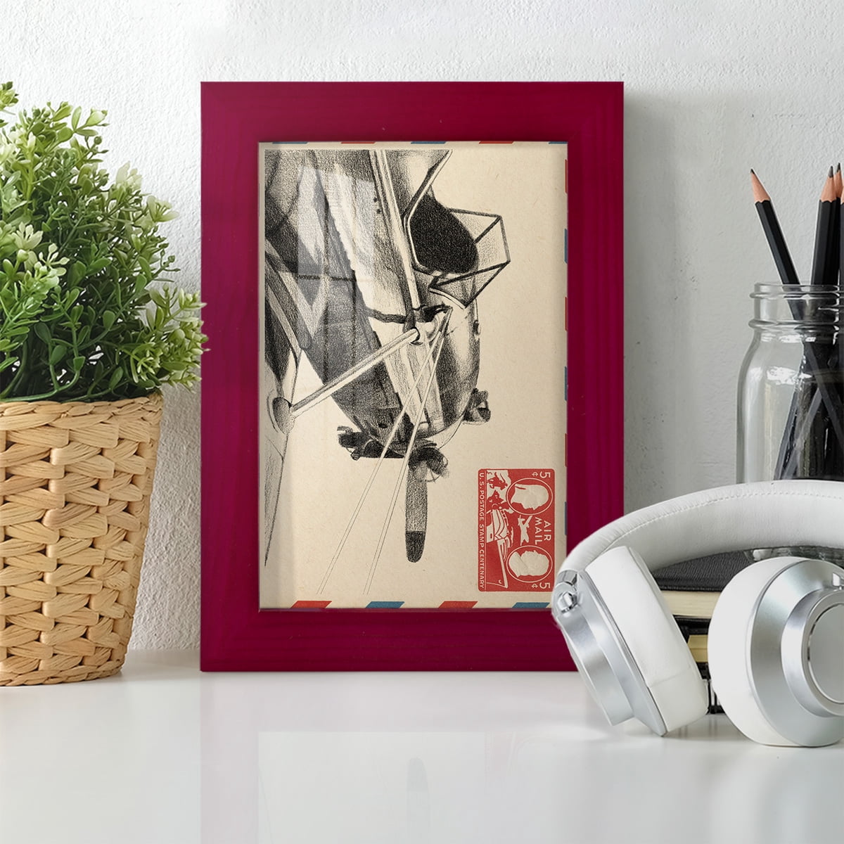 Vintage Airmail I -Framed Print w/glass-Cherry Red