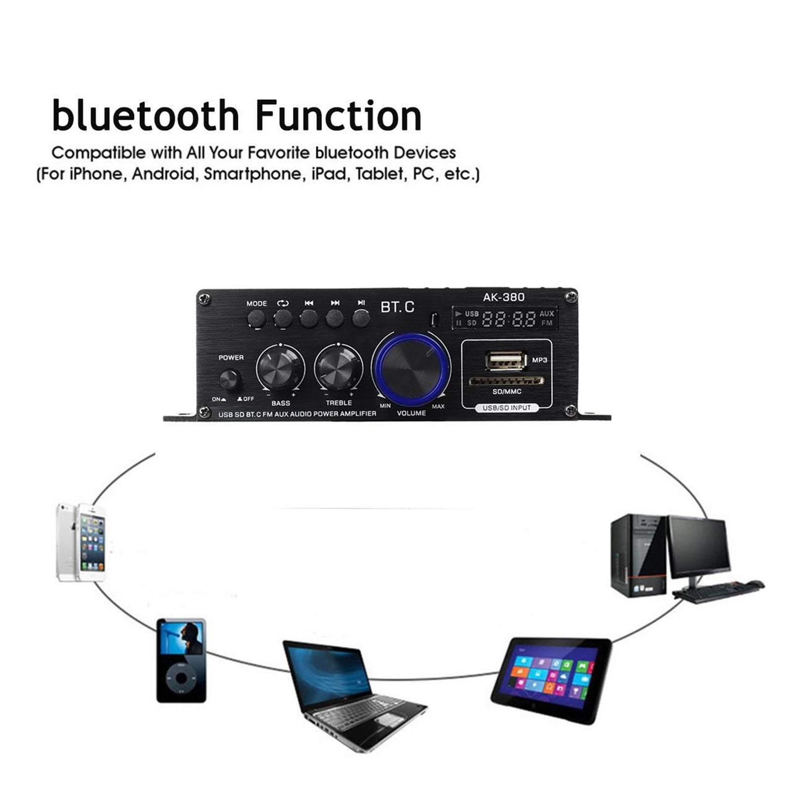 Ak380/AK170 800W Power Amplifier Home Theater Amplifier Car BASS 2 Channel bluetooth Amplifier Class D FM Radio USB/SD AUX ,Wide Application