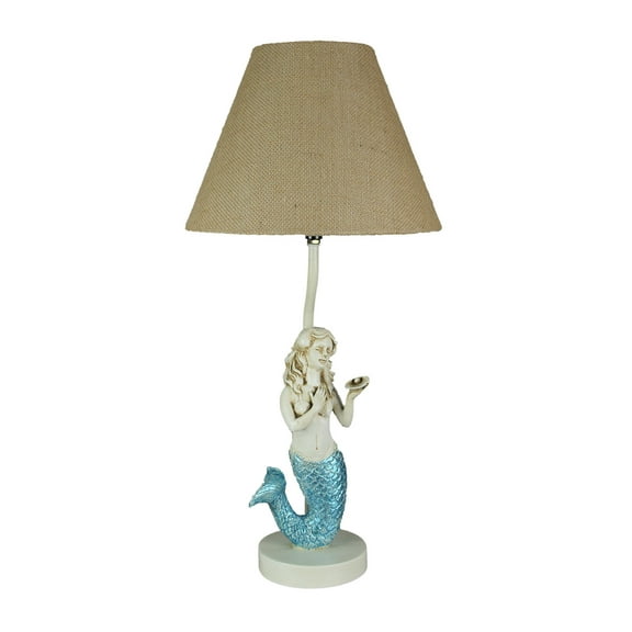 Zeckos Blue Glitter Tail Mermaid Table Lamp Burlap Shade Nautical