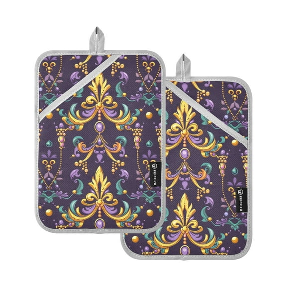 Fleur De Lis and Beads Oven Mitts 2 Pcs Pot Holders Sets Heat Resistant for Kitchen Cooking Baking 7"x9.8"