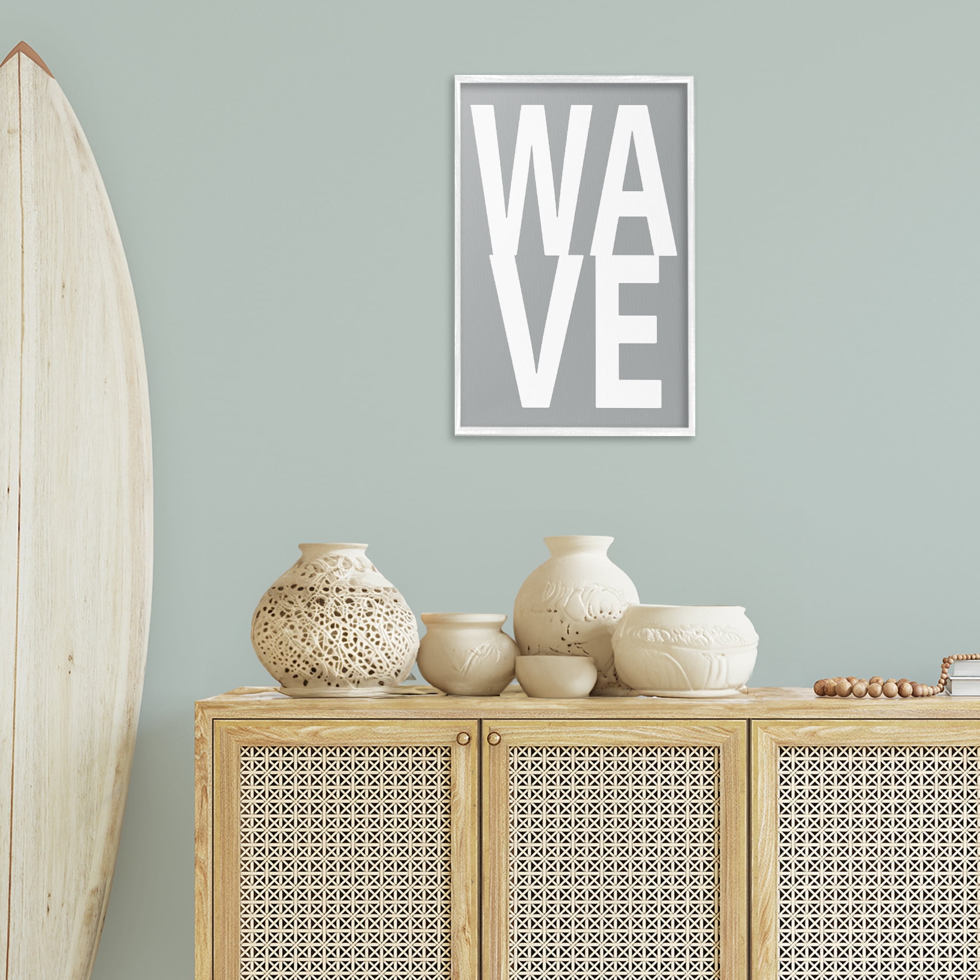 Stupell Industries Wave Word on Grey Typography Painting White Framed Art Print Wall Art, 16 x 24